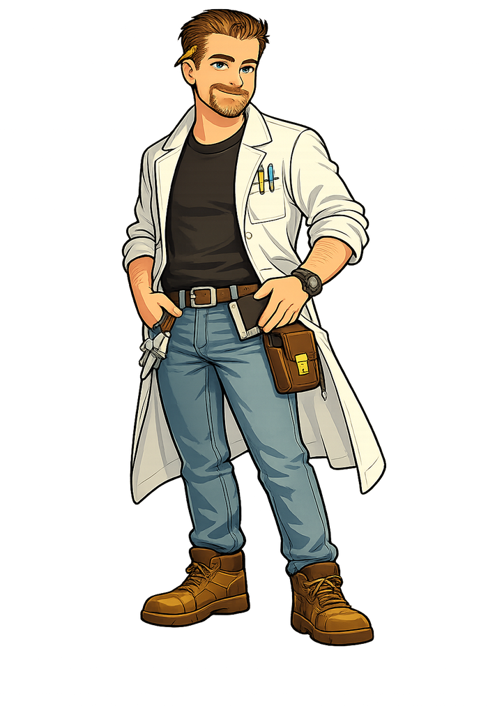 Cartoon portrait of Will Gelvin dressed as a workshop inventor