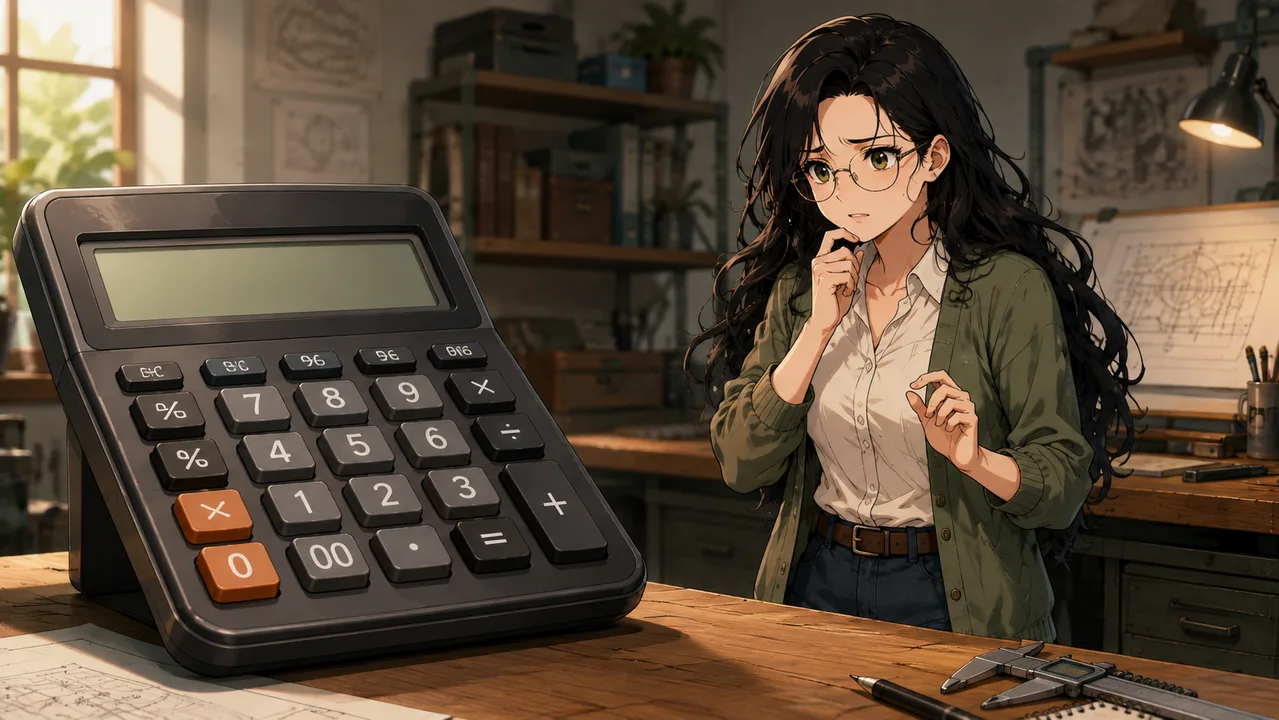 Sage studying an oversized calculator with broken keys